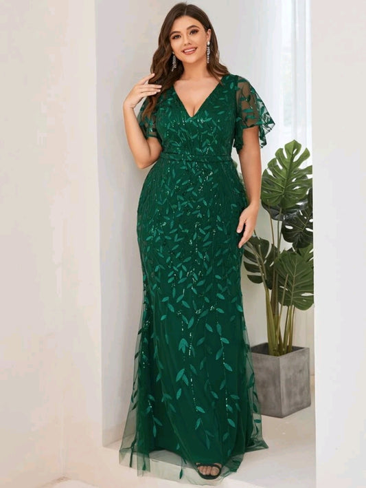 Plus Size Mesh Panel Butterfly Sleeve Sequin Dress