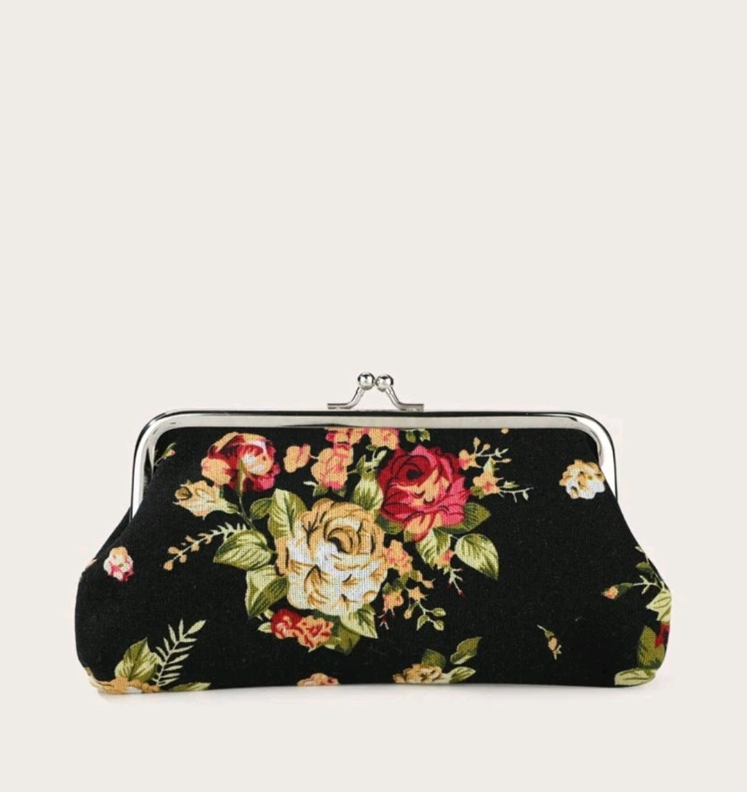 Black Floral Kiss Lock Purse