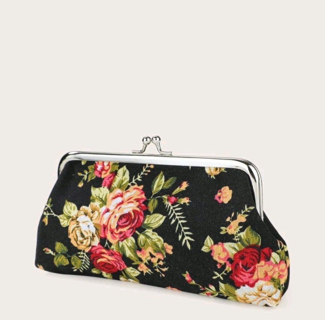 Black Floral Kiss Lock Purse