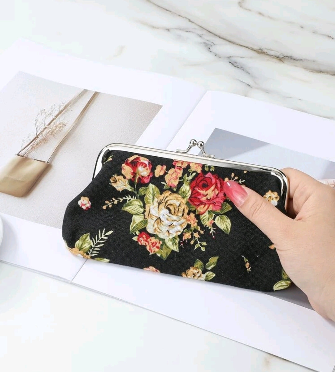 Black Floral Kiss Lock Purse