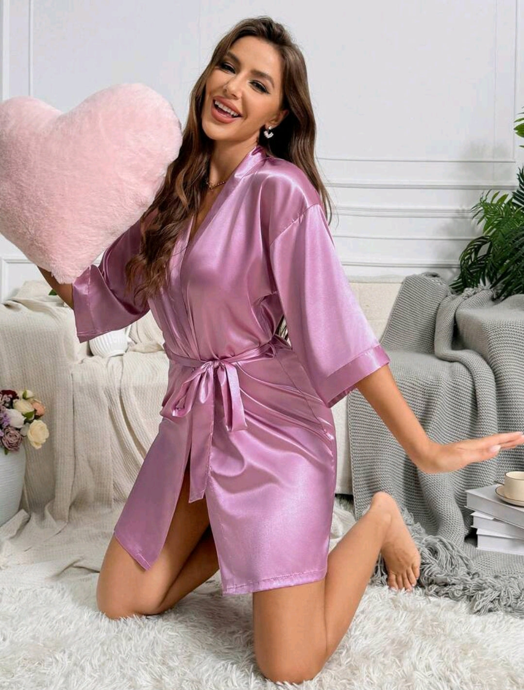 Mauve Belted Satin Bridesmaid Robe