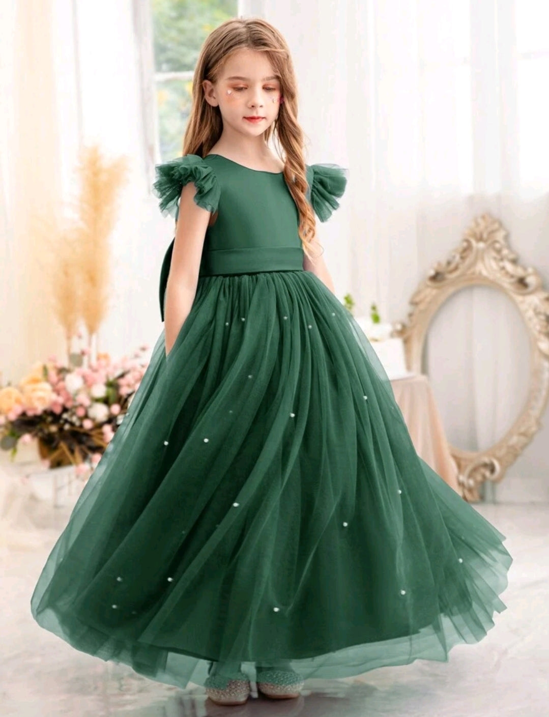 Tween Girls' Beaded Bowknot Princess Dress Dark Green