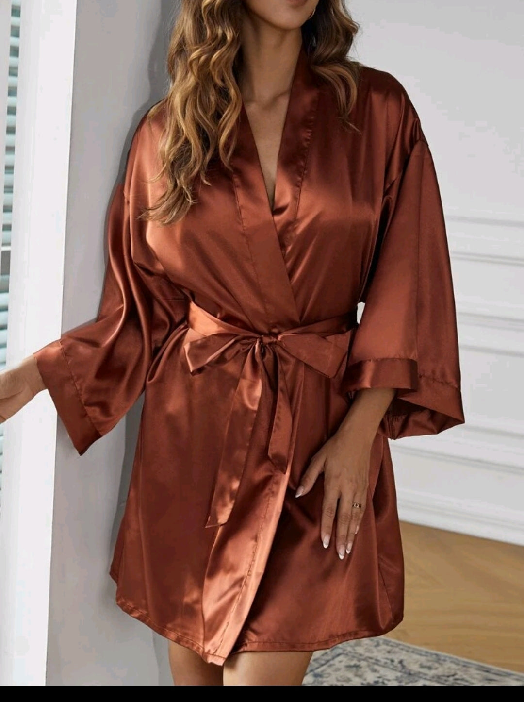 Belted Satin Rust Brown Robe