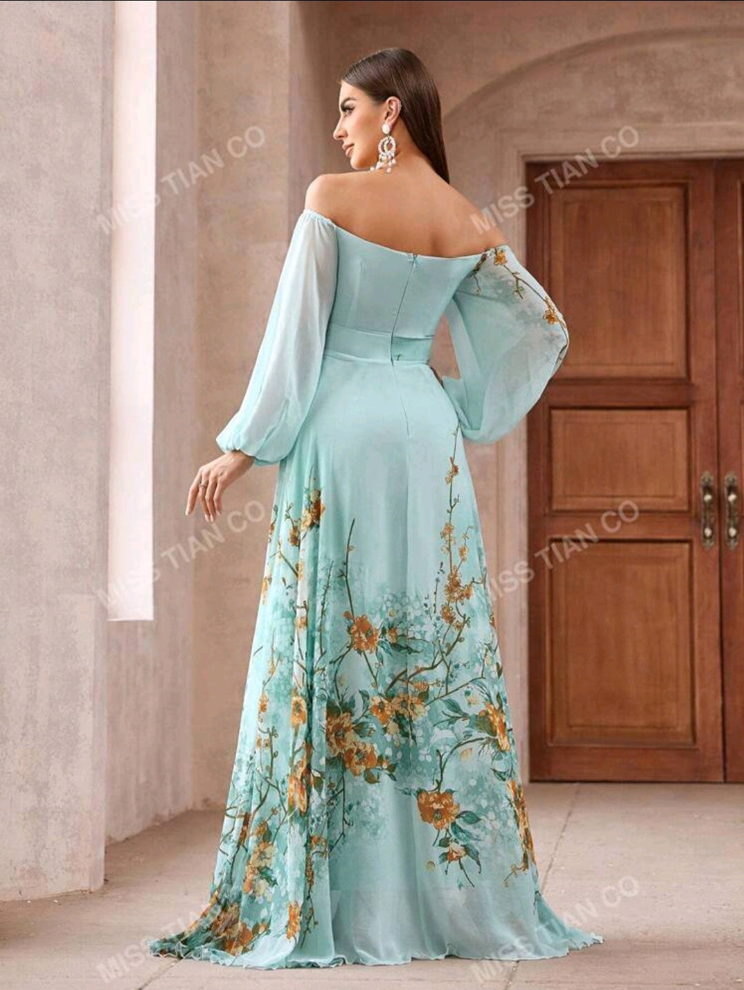 Floral Printed Off Shoulder Maxi Evening Dress