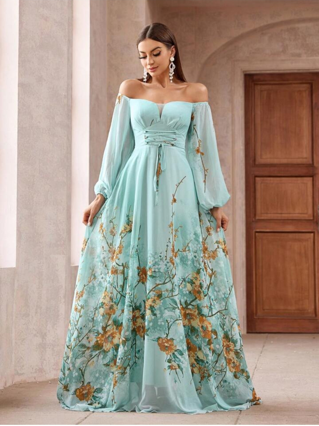 Floral Printed Off Shoulder Maxi Evening Dress