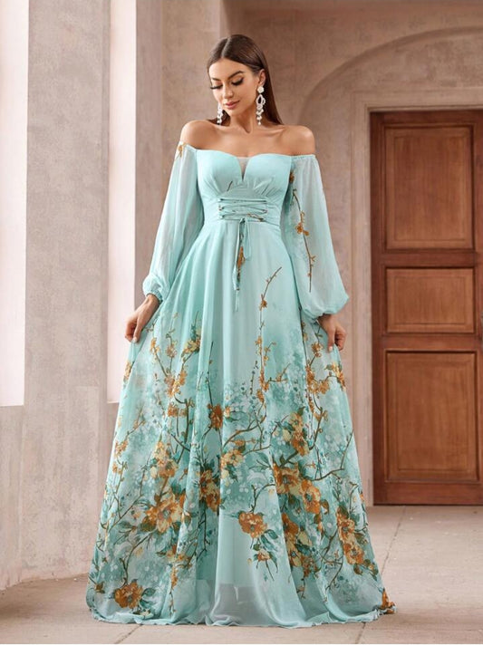 Floral Printed Off Shoulder Maxi Evening Dress