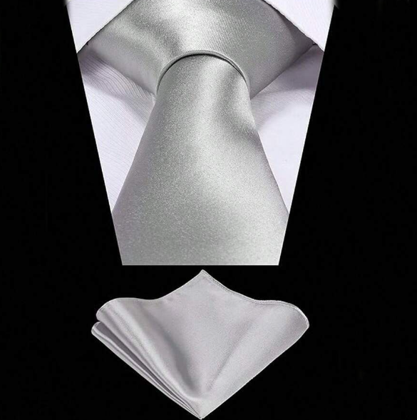 Wedding Tie & Pocket Square Set Silver