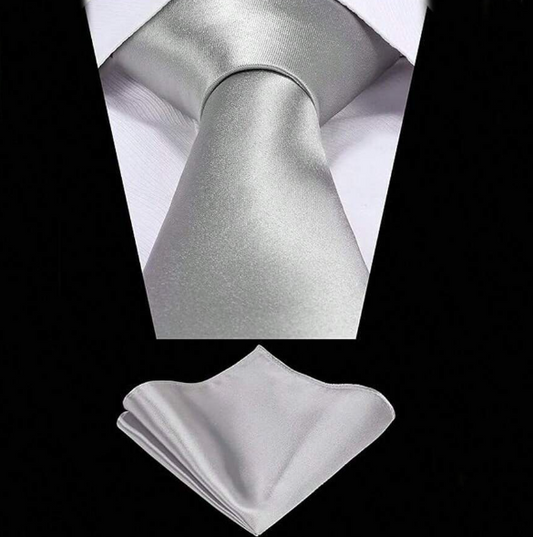 Wedding Tie & Pocket Square Set Silver