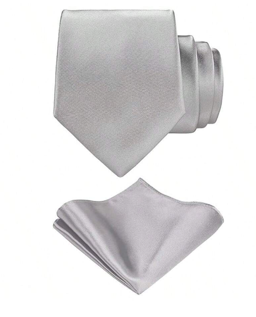 Wedding Tie & Pocket Square Set Silver