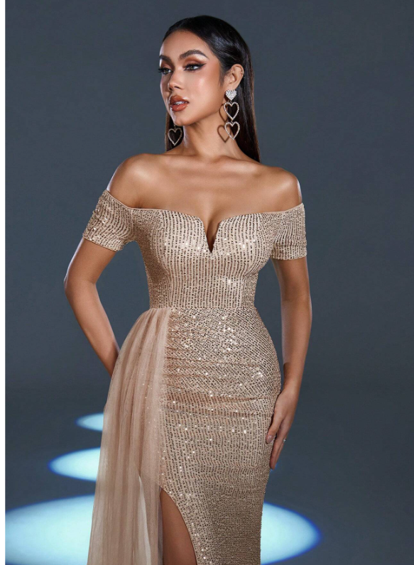 Off Shoulder Ruched Draped Side Sequin Formal Dress