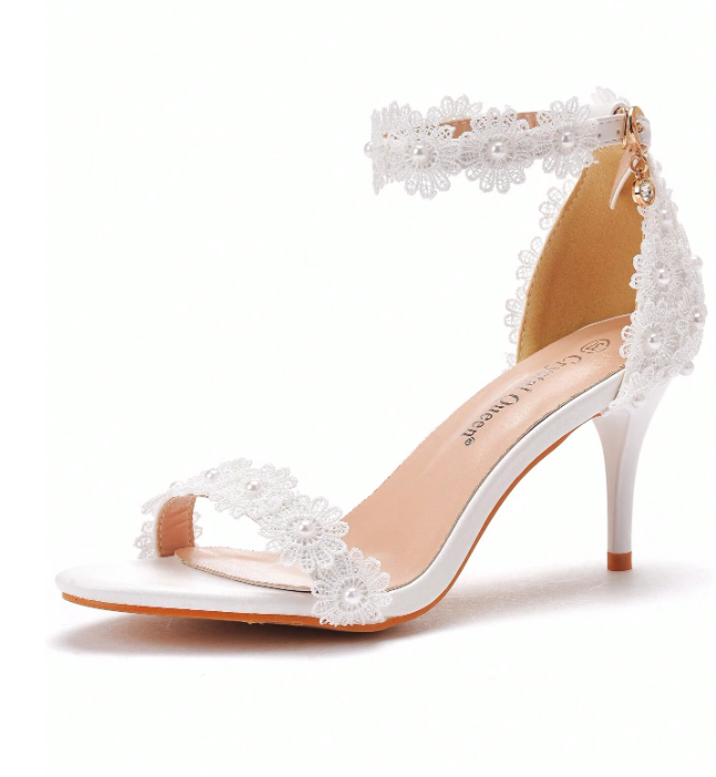 Lace Flower High Heeled Sandals With Ankle Strap