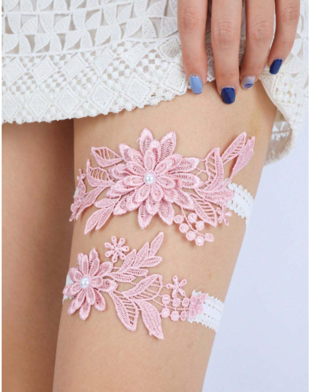 2pcs Appliques Decor Bridal Garter Pink