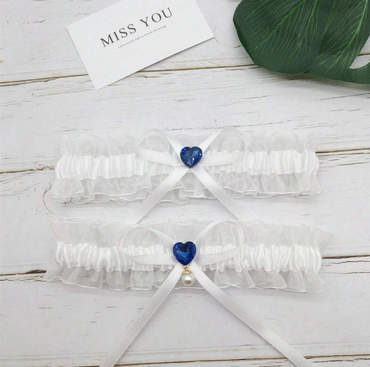 2pcs Crystal Heart Shaped Sheer Satin Ribbon Garter