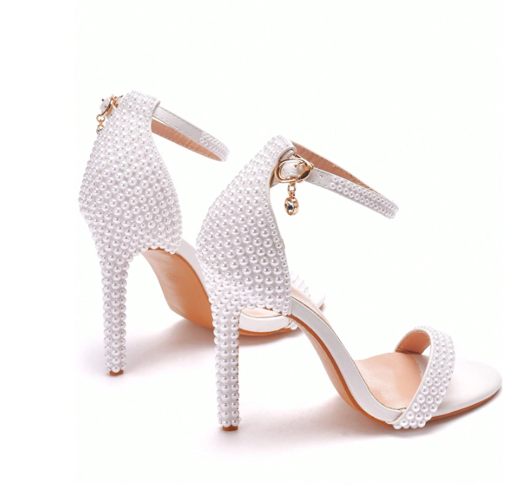 Riveted Pearl Open Toe Thin High Heel Sandals