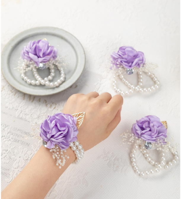 Elastic Beaded Bracelet And Faux Flower Bridesmaids Corsage