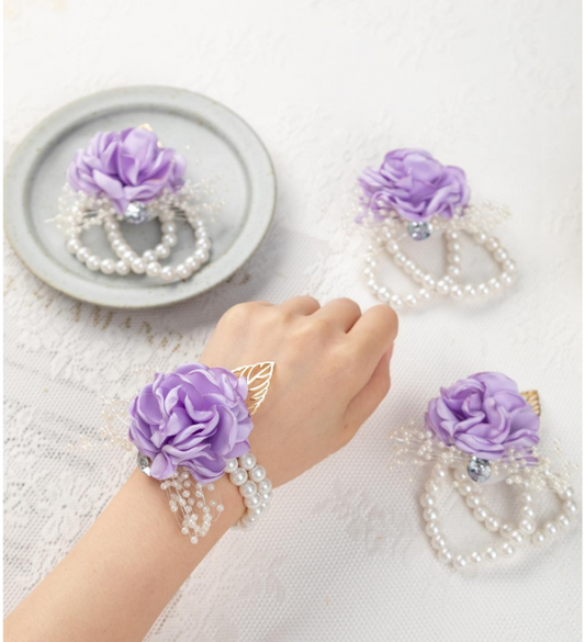 Elastic Beaded Bracelet And Faux Flower Bridesmaids Corsage