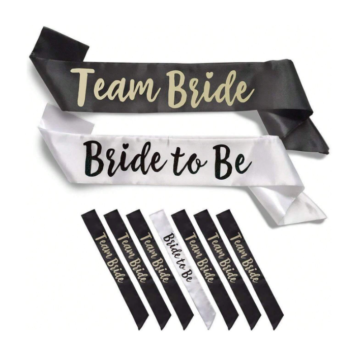 Bride & Bridesmaid 7pcs Black Text On White Sash Set