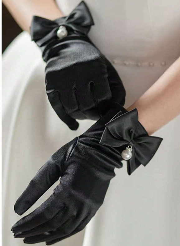 Faux Pearl Decor Prom  Satin Gloves