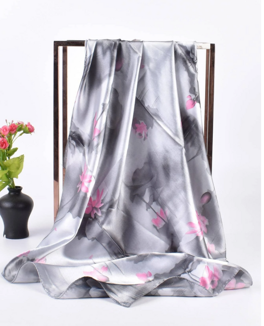 Lotus Flower Pattern Printed Ladies' Square Scarf Grey