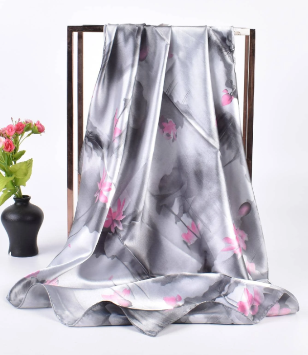 Lotus Flower Pattern Printed Ladies' Square Scarf Grey