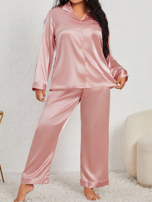 Plus Size Contrast Binding Satin Pajama Set