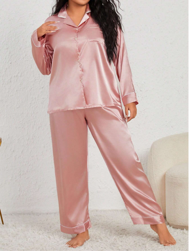 Plus Size Contrast Binding Satin Pajama Set