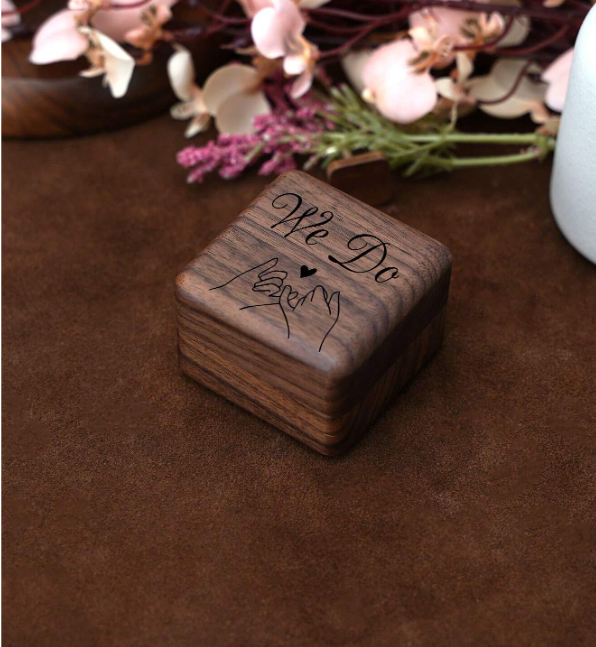 Walnut Wood 'we Do' Carved Double Ring Box