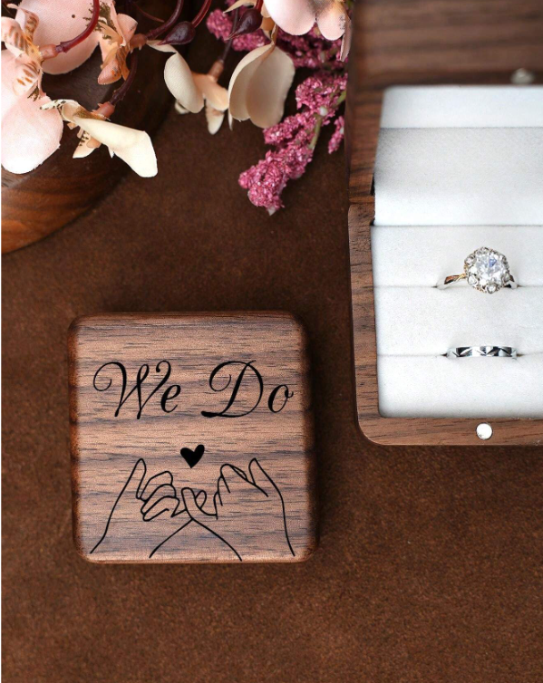 Walnut Wood 'we Do' Carved Double Ring Box