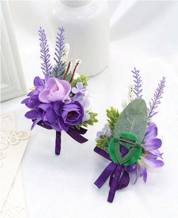 Classic Artificial Purple Rose And Lavender Boutonniere