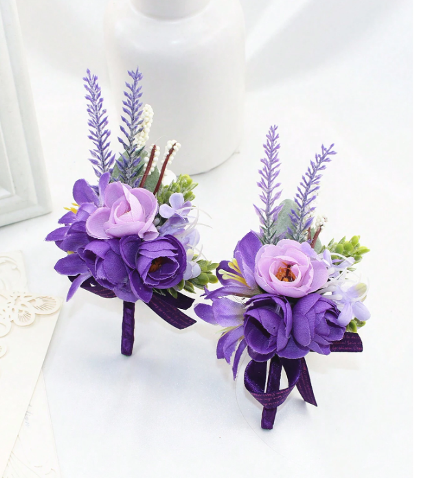 Classic Artificial Purple Rose And Lavender Boutonniere