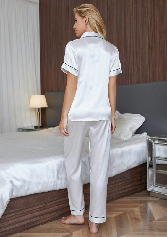 Silk-Like Bride Embroidered Short Sleeve Pajama Set White