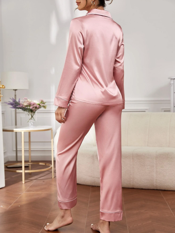 Bridesmaids Trim Satin Shirt And Pants Pajama Set Pink