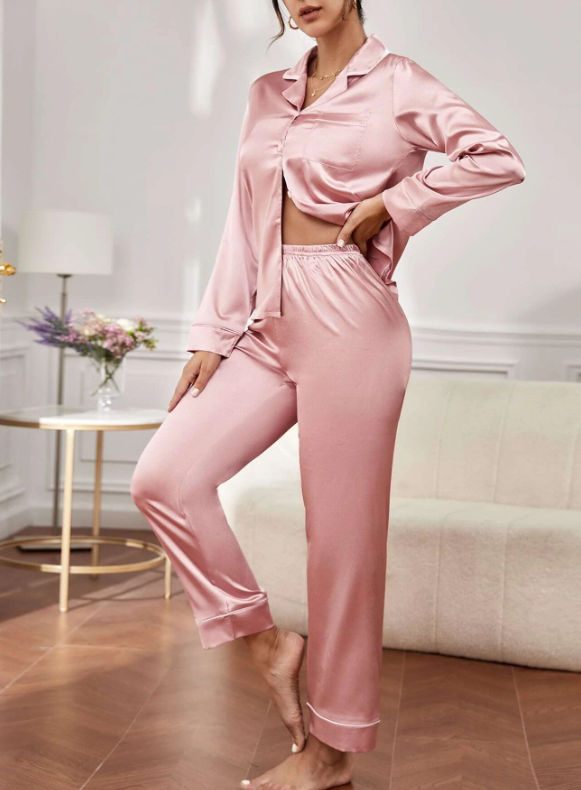 Bridesmaids Trim Satin Shirt And Pants Pajama Set Pink