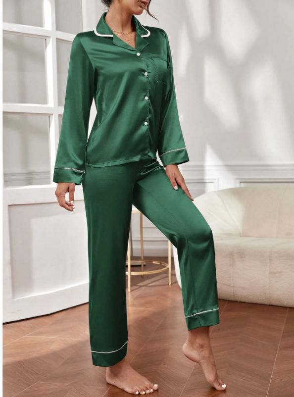 Bridesmaids Trim Satin Shirt And Pants Pajama Set