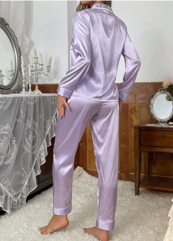 Bridesmaids Trim Satin Shirt And Pants Pajama Set