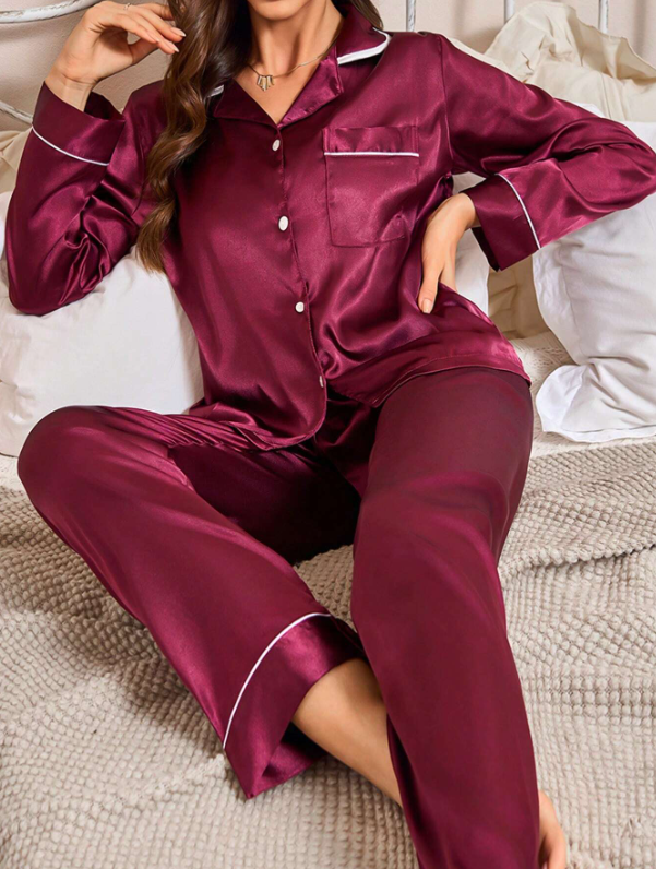 Bridesmaids Trim Satin Shirt And Pants Pajama Set