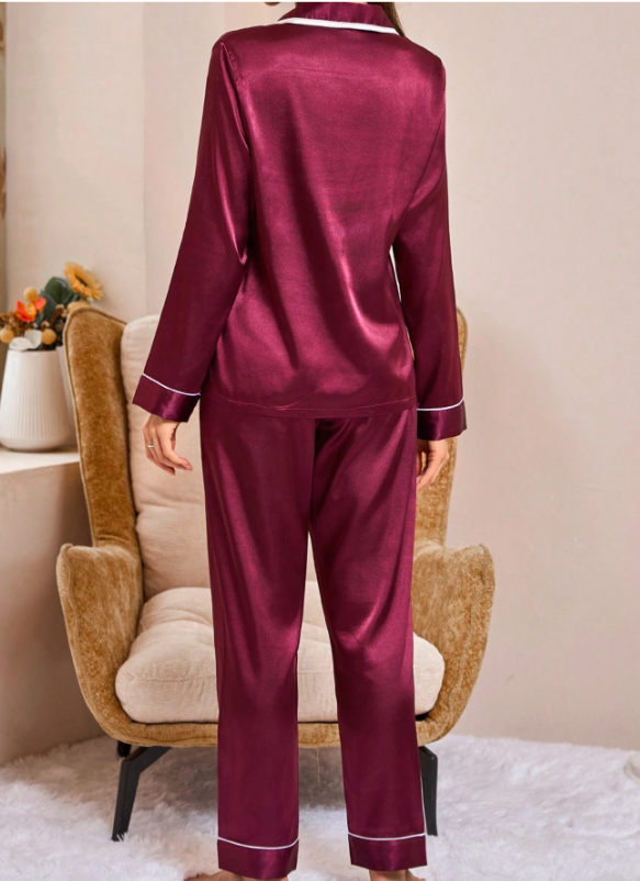 Bridesmaids Trim Satin Shirt And Pants Pajama Set