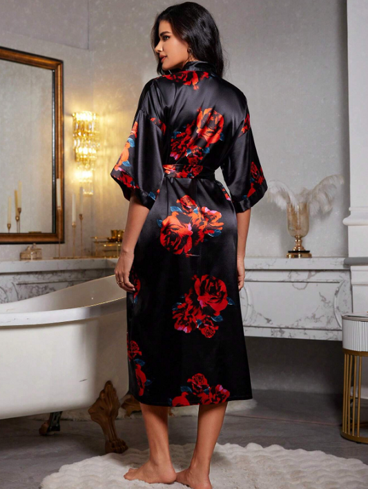 Floral Print Satin Robe