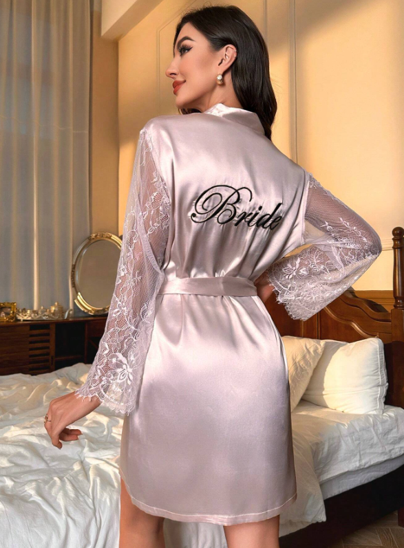 Bride Contrast Lace Belted Satin Robe Pink