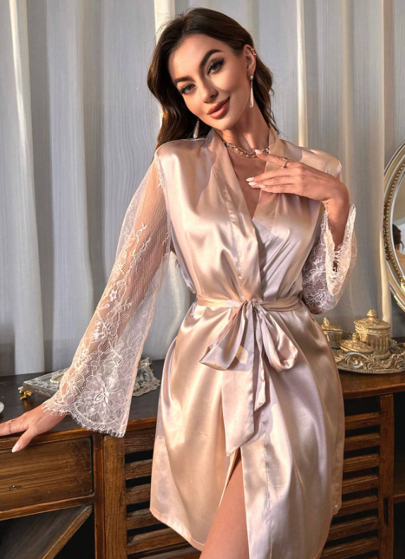 Bride Contrast Lace Belted Satin Robe Pink