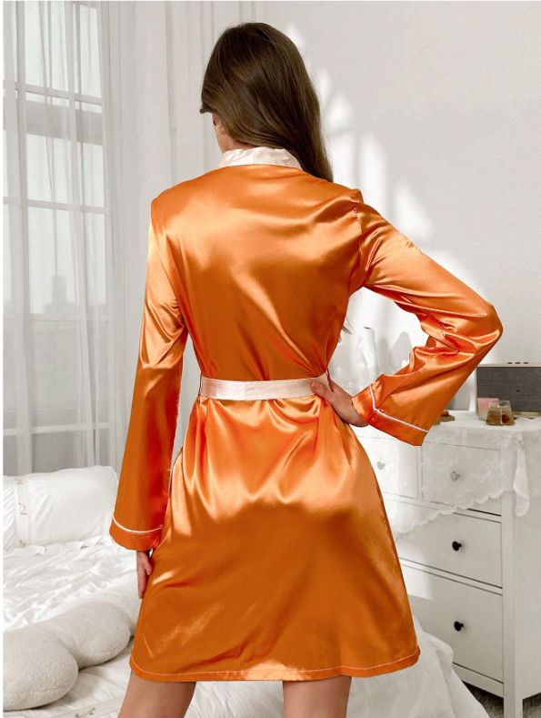 Orange Plain Satin Robe