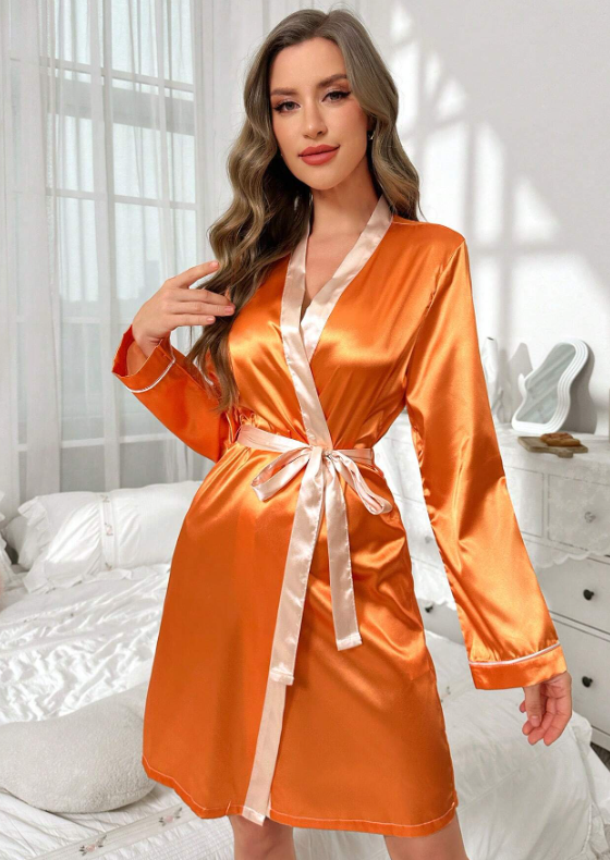 Orange Plain Satin Robe