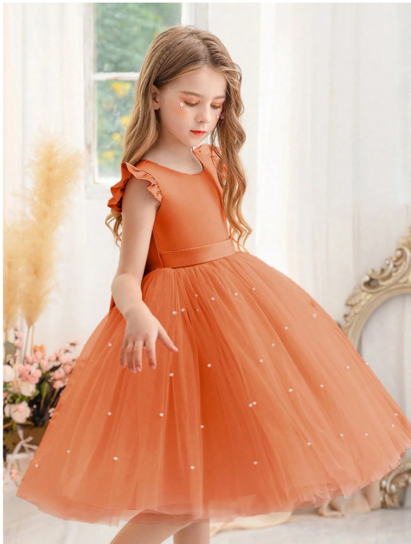 Ruffled Mesh Princess Dress With Lace Trim