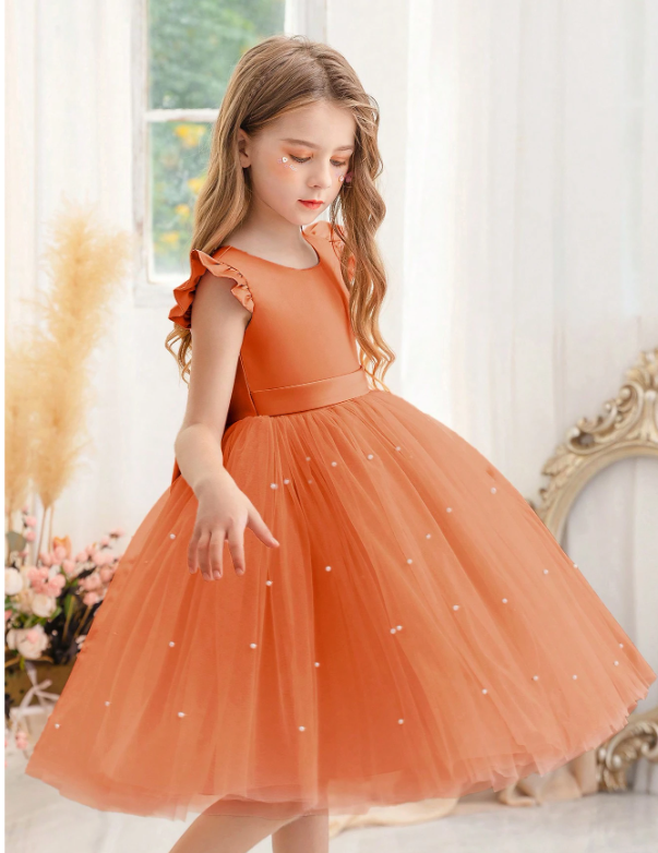 Ruffled Mesh Princess Dress With Lace Trim