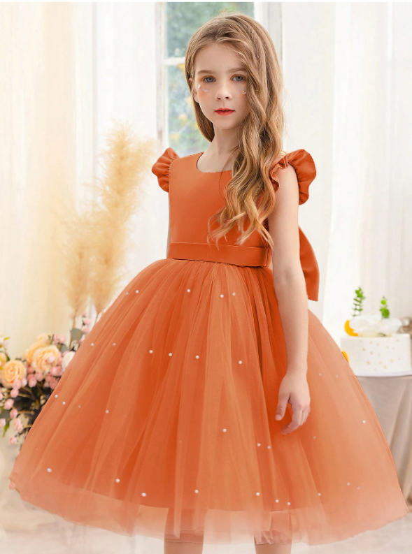 Ruffled Mesh Princess Dress With Lace Trim