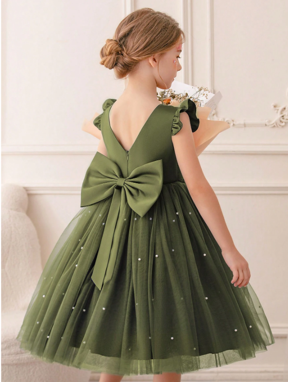 Ruffled Mesh Princess Dress With Lace Trim Army Green