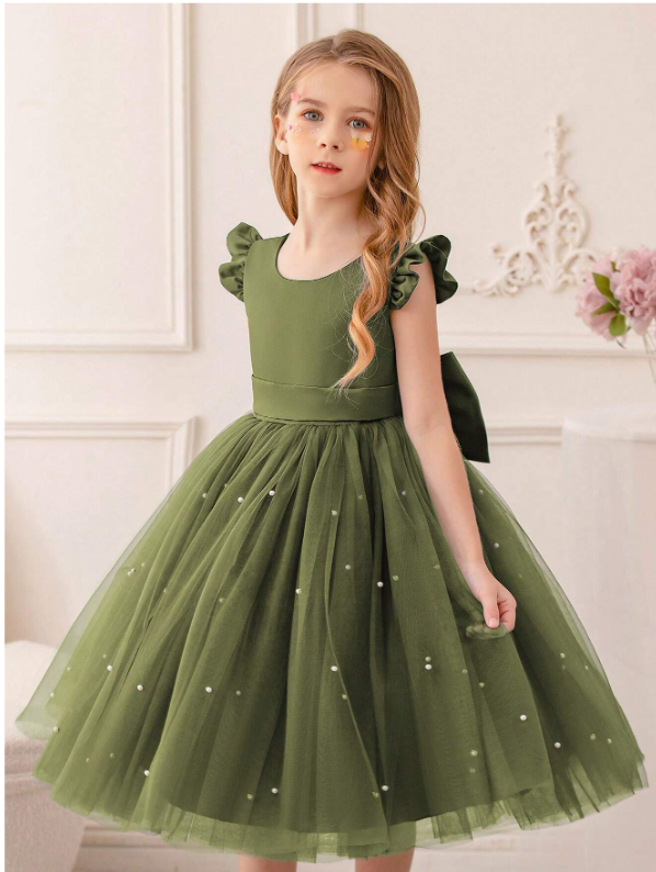 Ruffled Mesh Princess Dress With Lace Trim Army Green