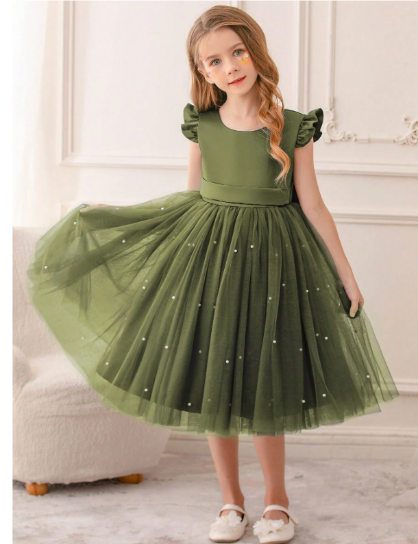 Ruffled Mesh Princess Dress With Lace Trim Army Green