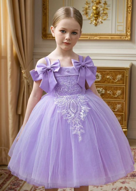 Purple Lace Floral Pearl Bow Mesh Princess Dress