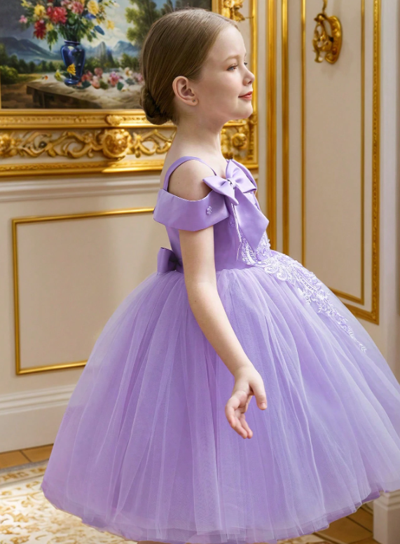 Purple Lace Floral Pearl Bow Mesh Princess Dress